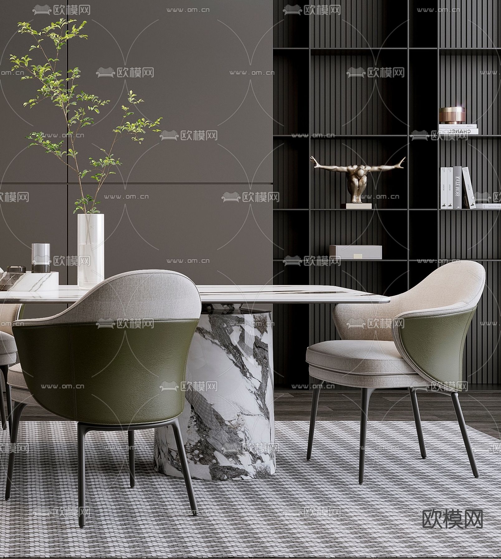 米洛提Minotti 现代大理石条形餐桌椅3d模型下载（渲染图2）