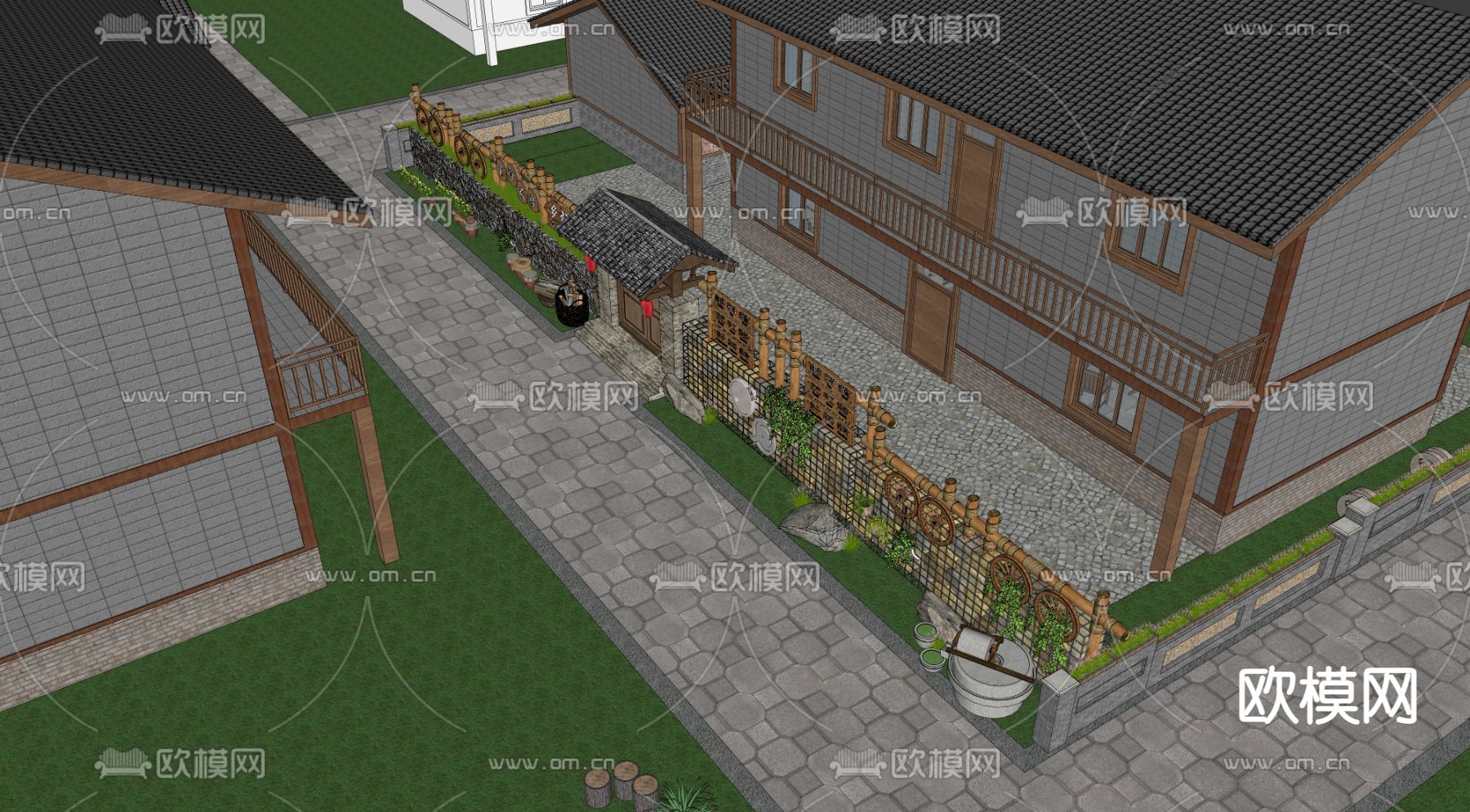 中式民宿建筑外观su模型下载（渲染图3）