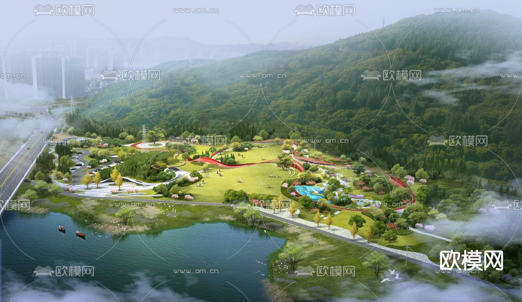 现代湖边亲子公园鸟瞰psd下载