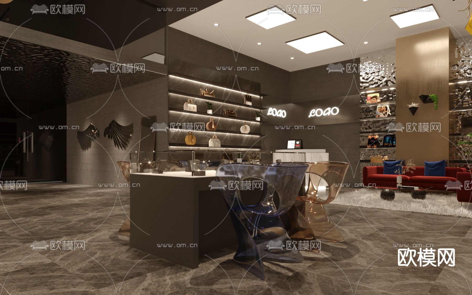 现代皮具皮包奢侈品专卖店3d模型下载（渲染图1）