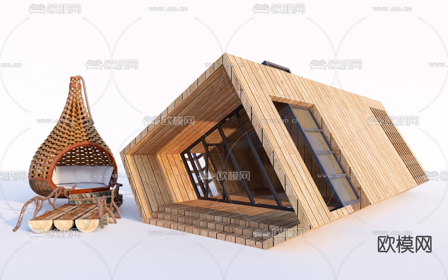 现代木屋建筑外观su模型下载（渲染图1）