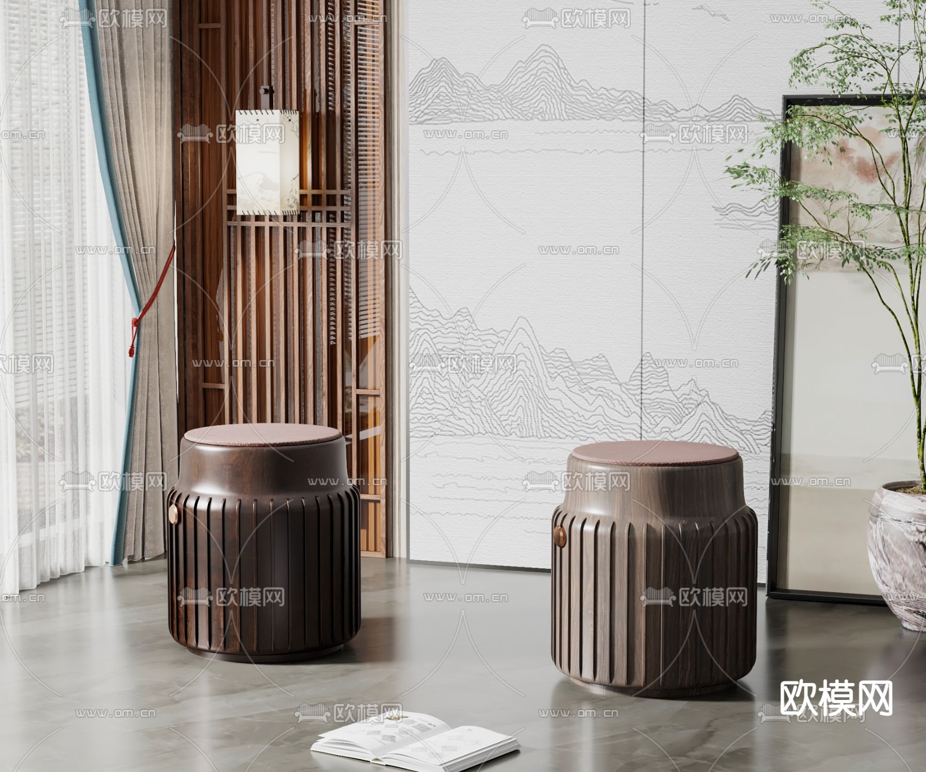 新中式圆凳3d模型下载