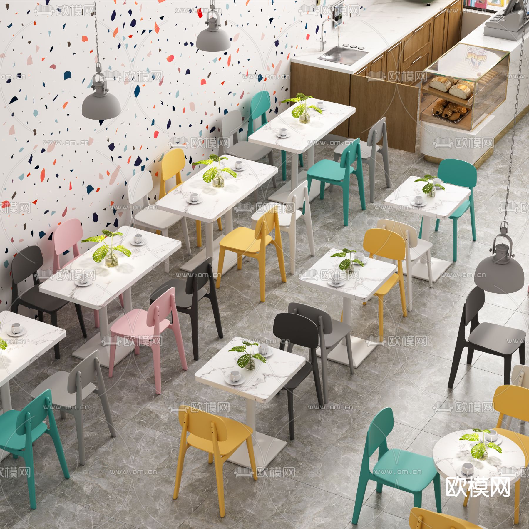 北欧奶茶店餐桌椅3d模型下载（渲染图1）