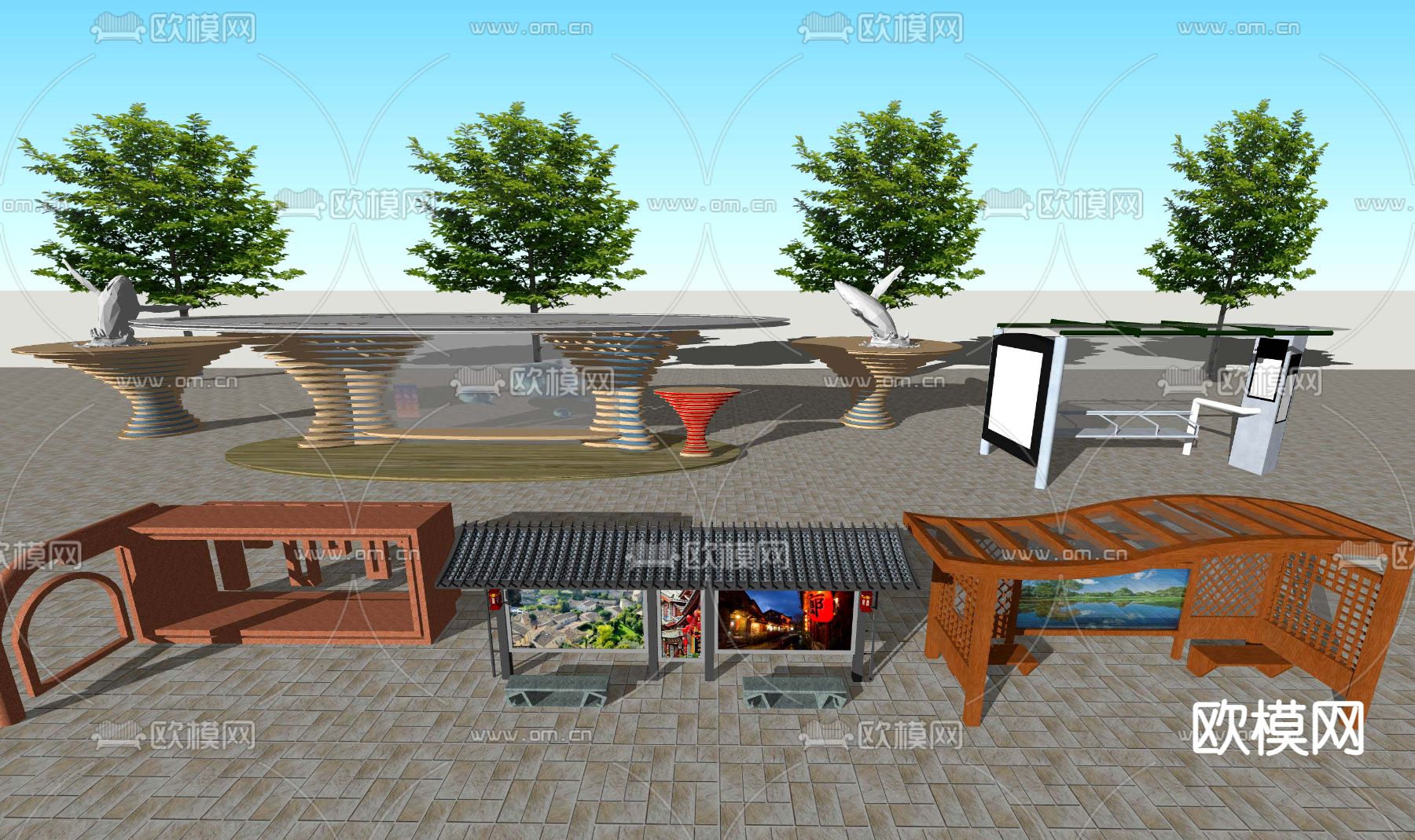 现代中式公交车台su模型下载