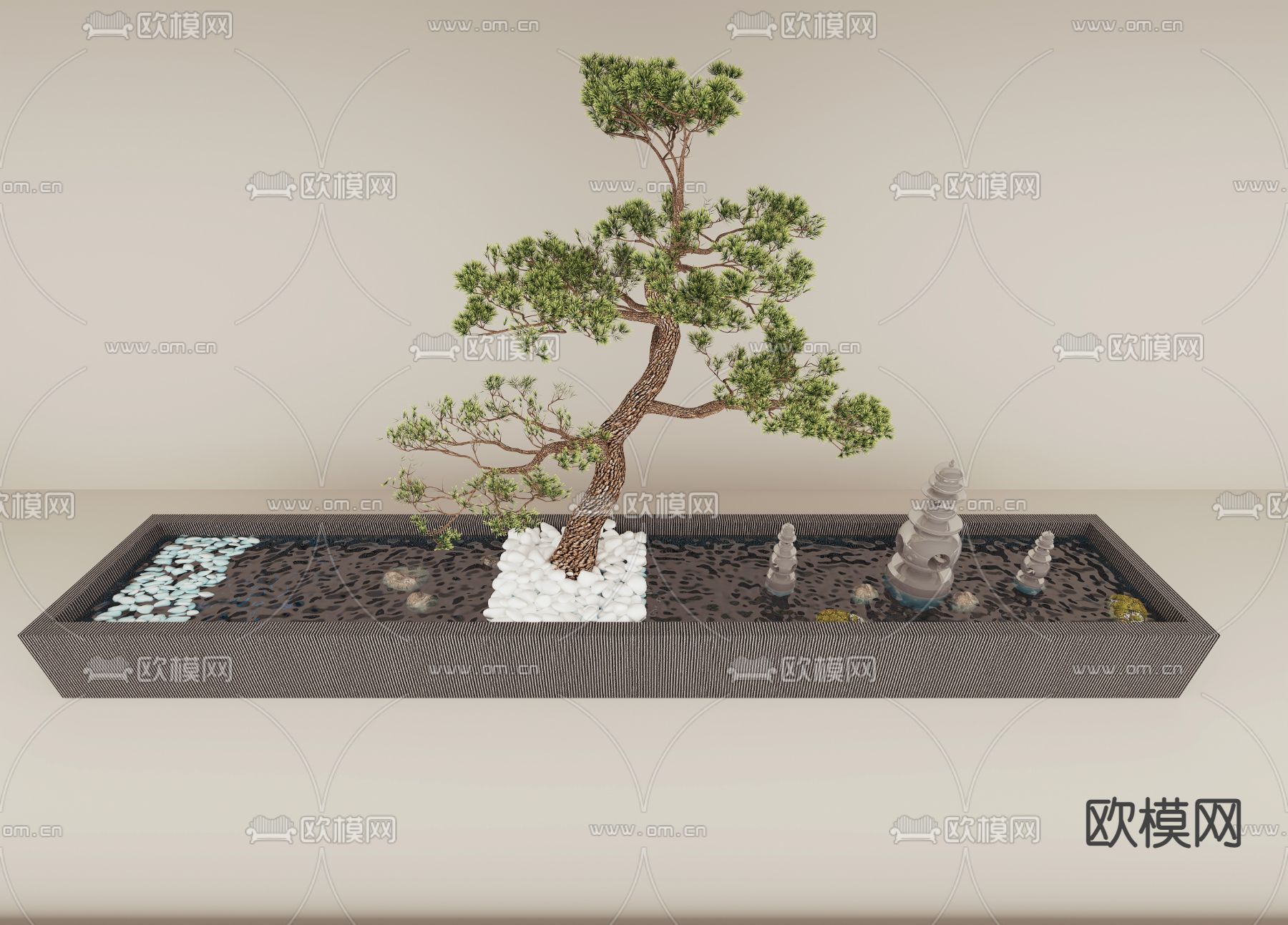新中式松树水景小品免费3d模型下载