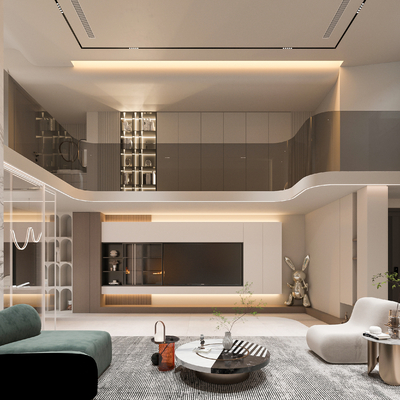  现代跃层别墅客厅su模型 