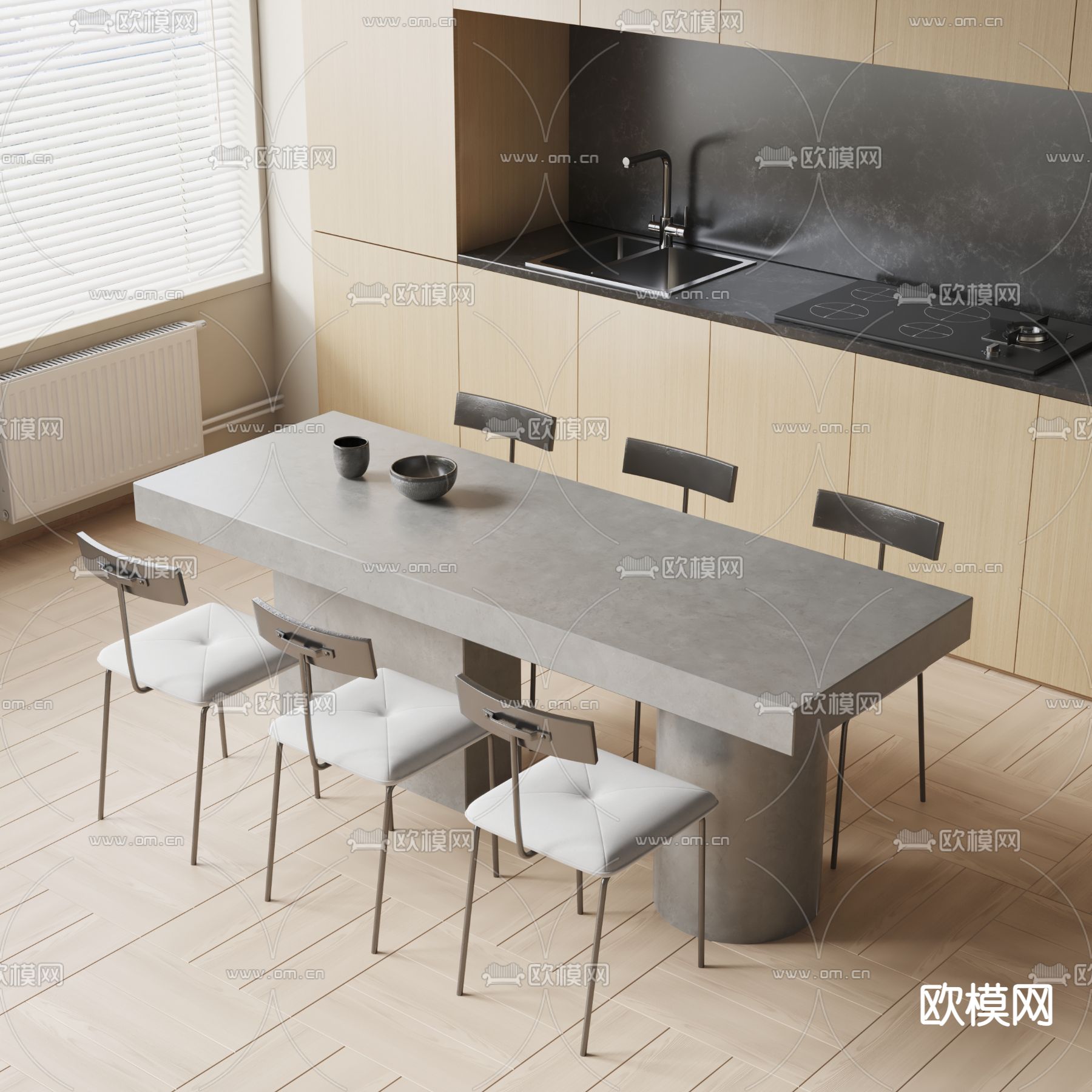 侘寂风长条餐桌椅su模型下载（渲染图1）