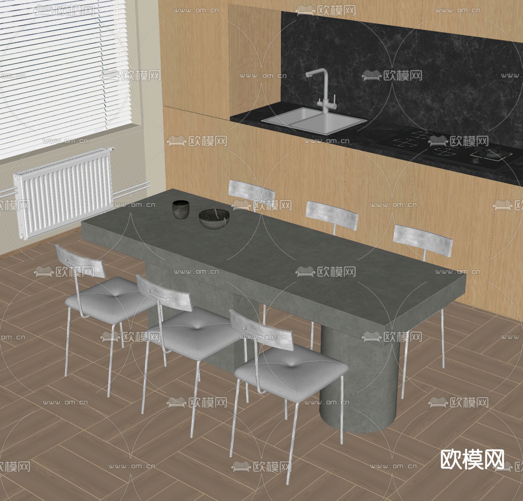 侘寂风长条餐桌椅su模型下载（渲染图2）