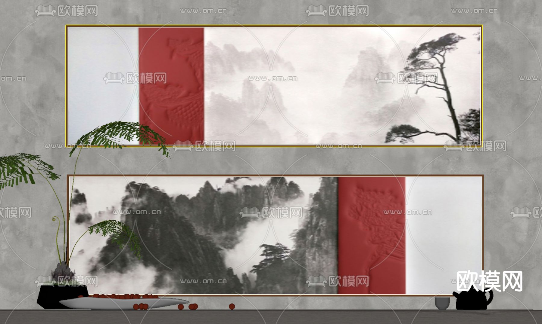 新中式装饰画挂画su模型下载（渲染图2）