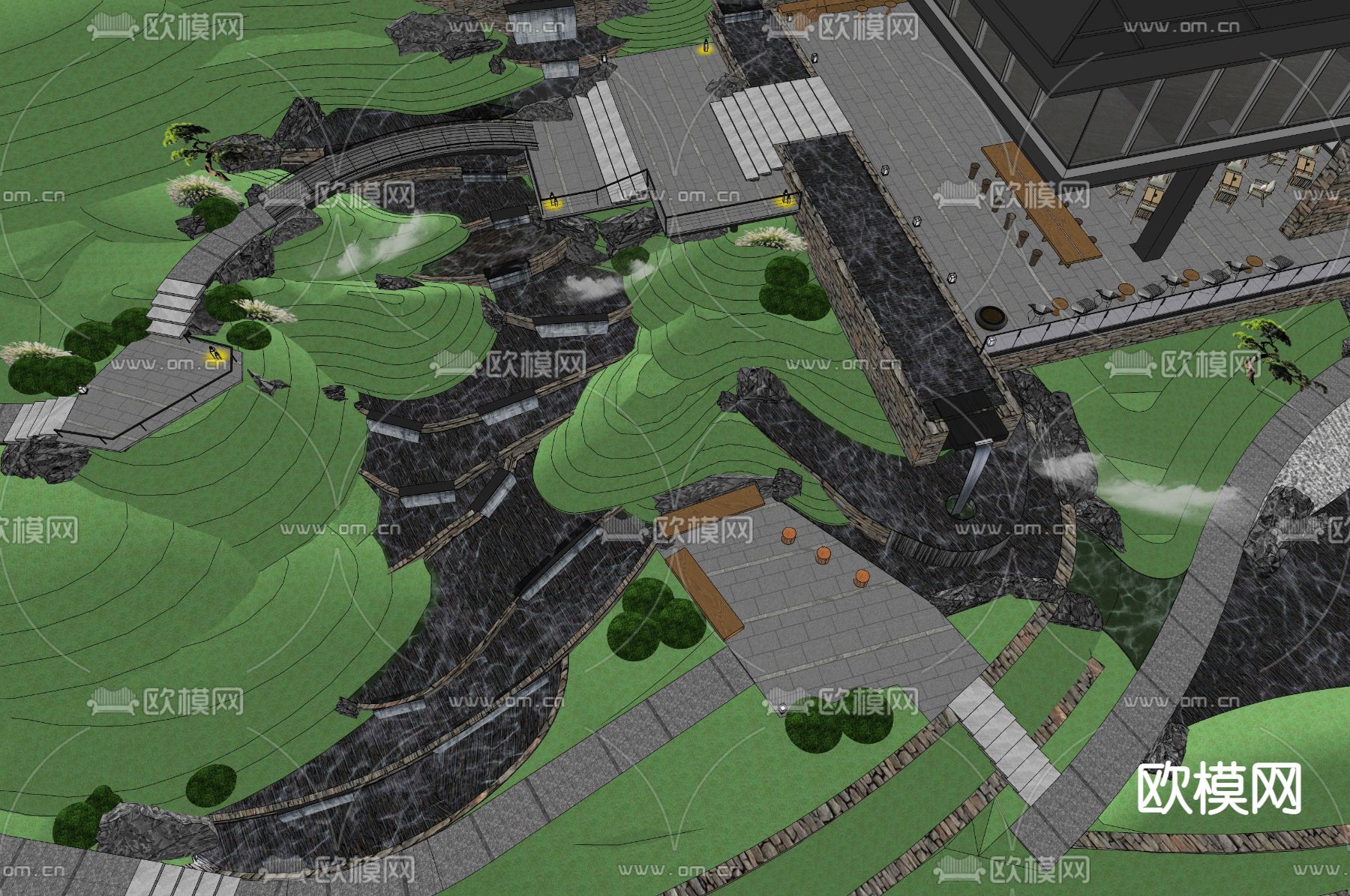 中式公园景观su模型下载
