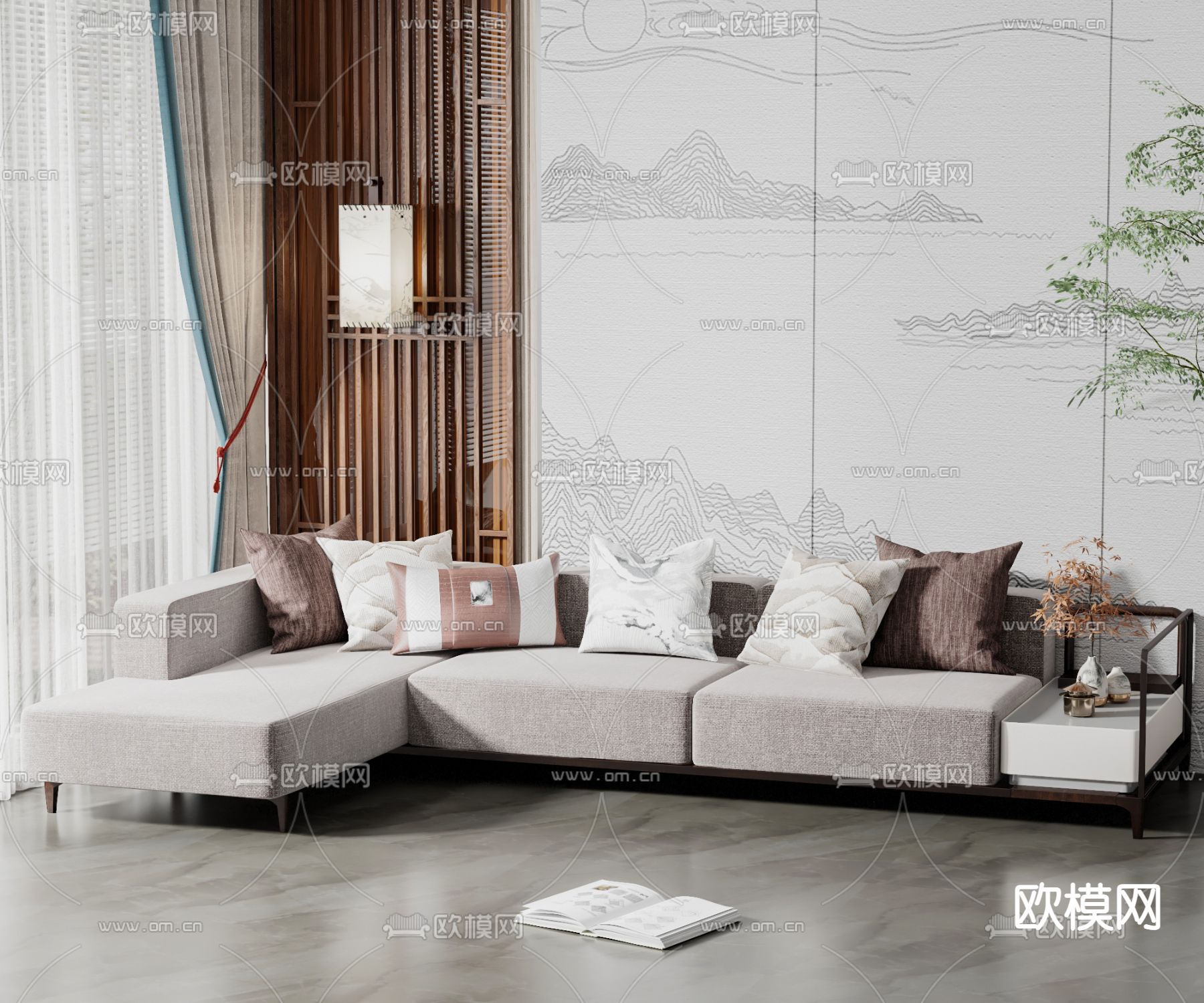 新中式转角沙发3d模型下载