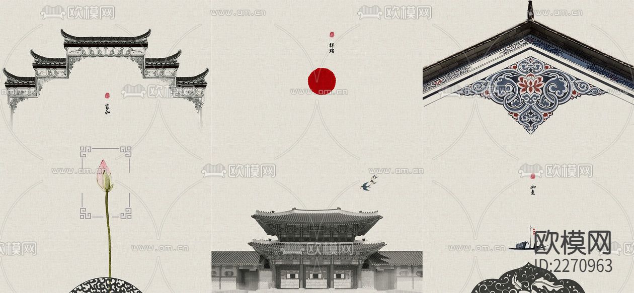 新中式建筑壁画下载