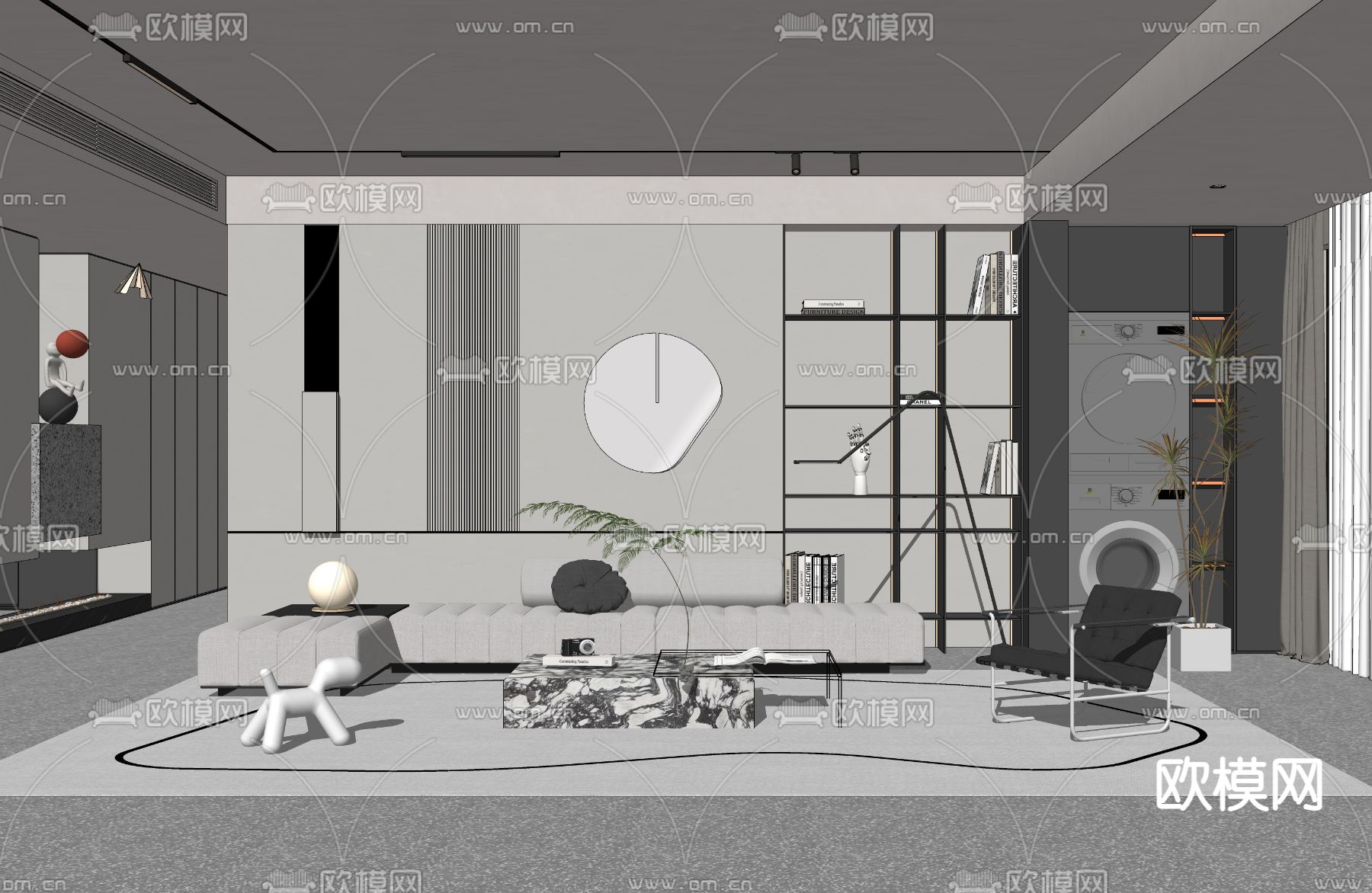 现代高级灰客厅su模型下载（渲染图2）