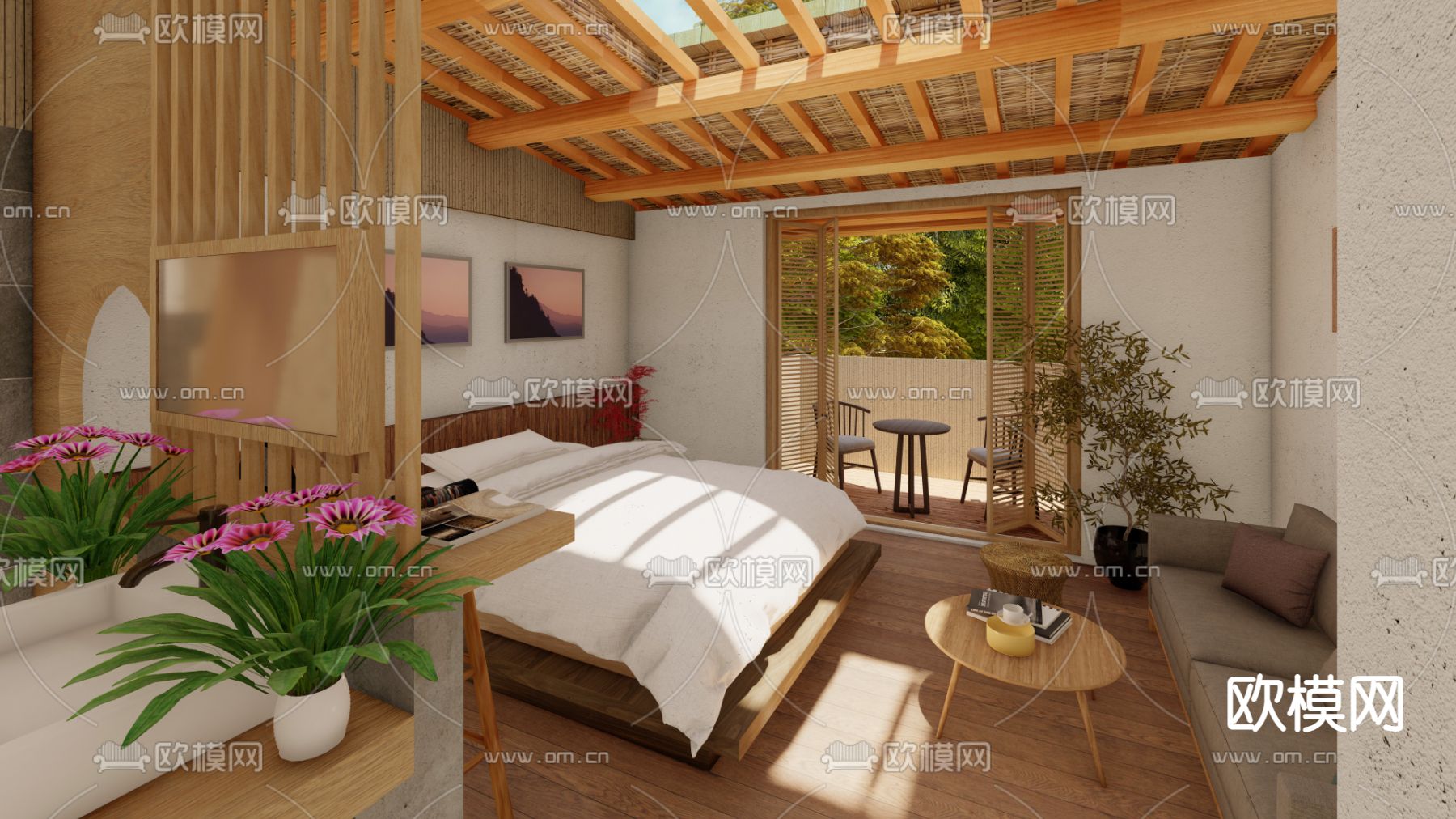 自然风民宿客房su模型下载（渲染图1）