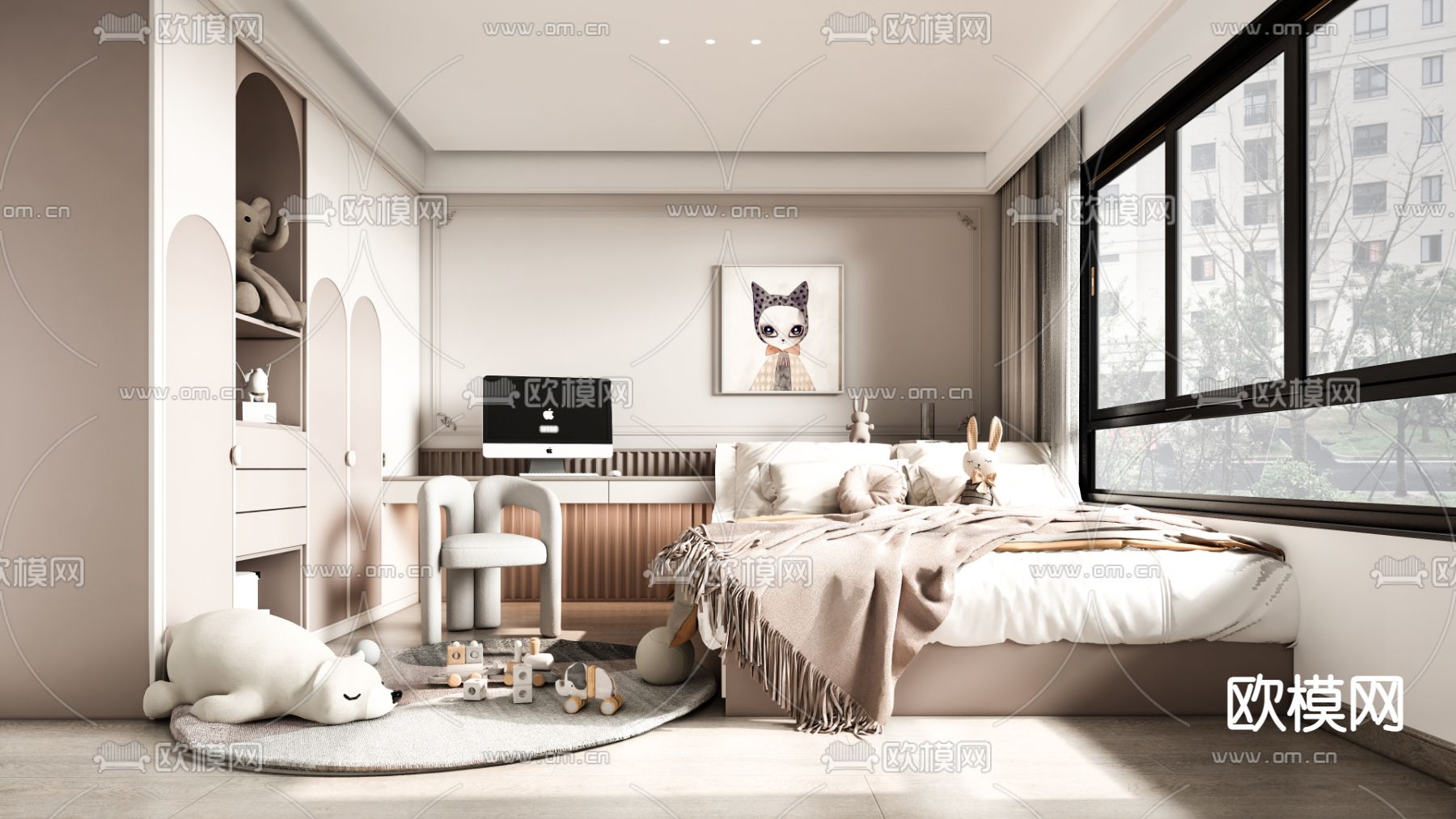 简欧卧室主人房su模型下载（渲染图1）