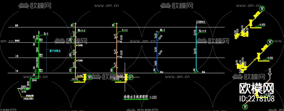 墩伦村农民集中居住区16号楼排水cad施工图下载（渲染图4）