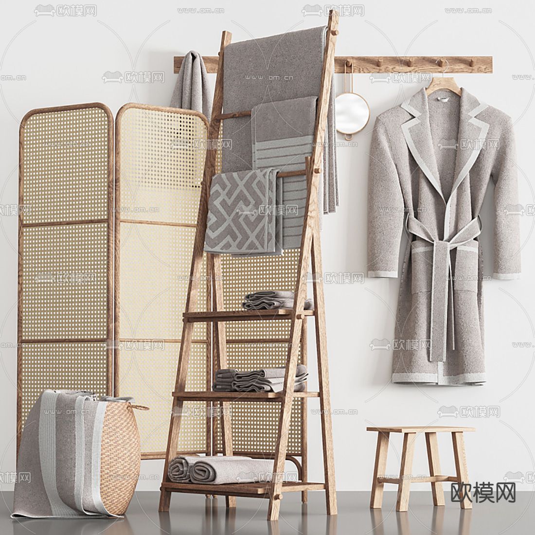 侘寂风浴巾屏风毛巾架3d模型下载（渲染图1）