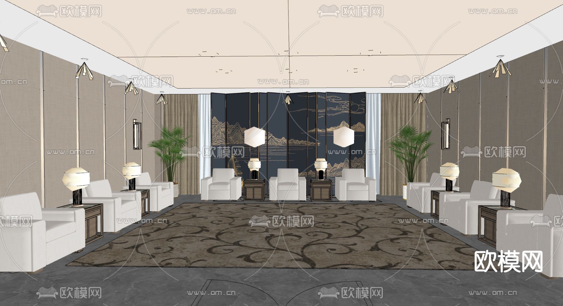 新中式接待室su模型下载（渲染图2）