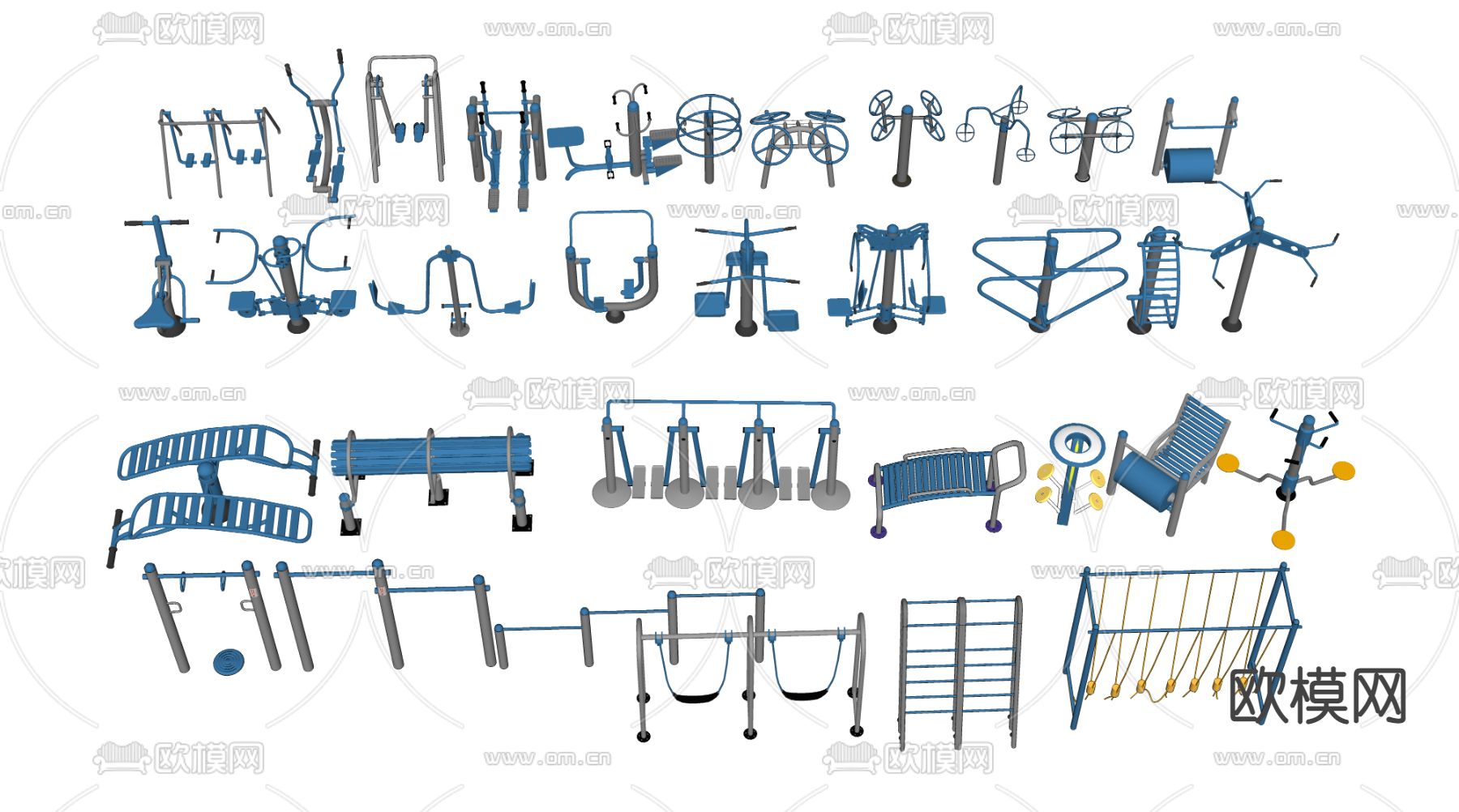 现代户外健身器材设施su模型下载（渲染图2）