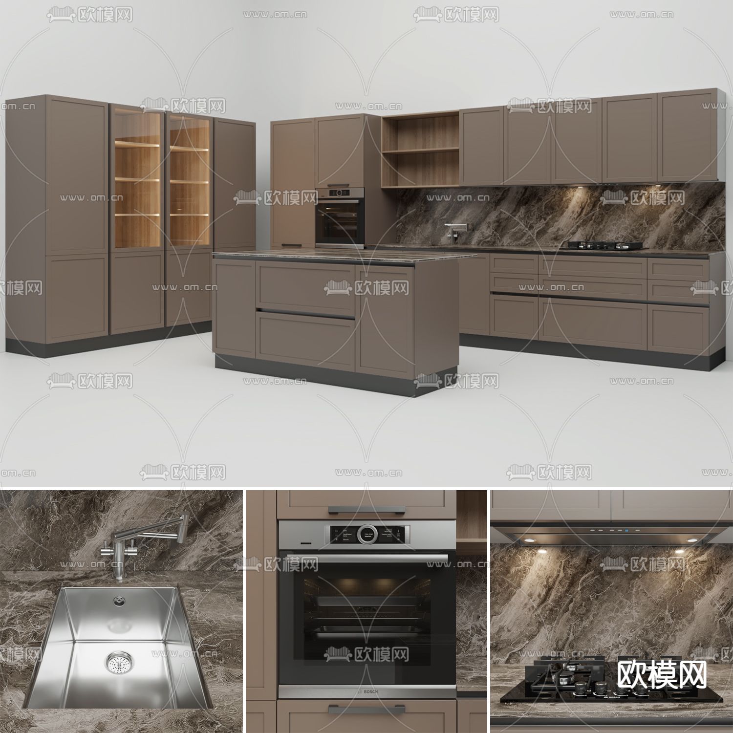 现代轻奢实木大理石橱柜免费3d模型下载