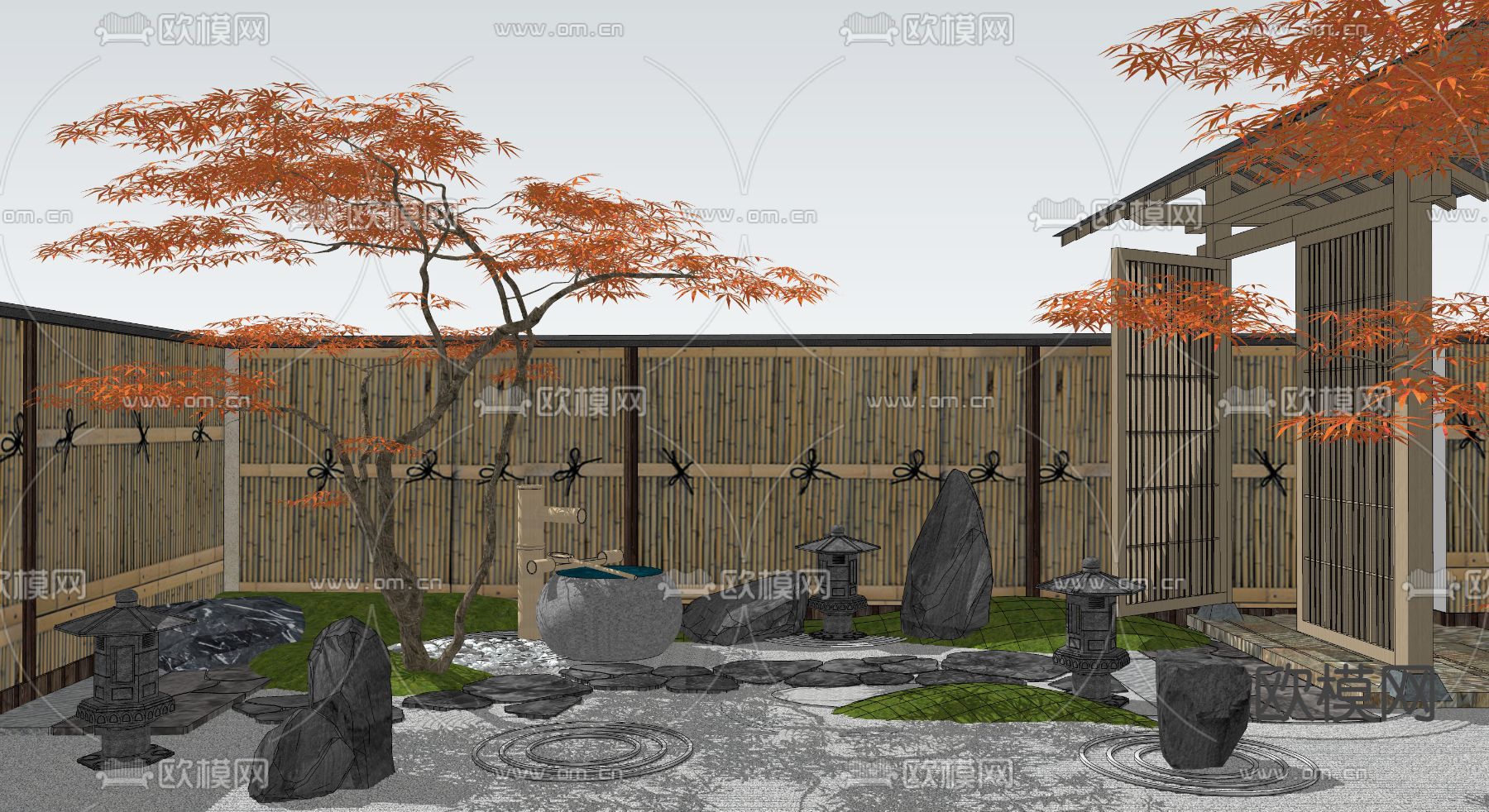 日式枯山水庭院景观su模型下载（渲染图2）
