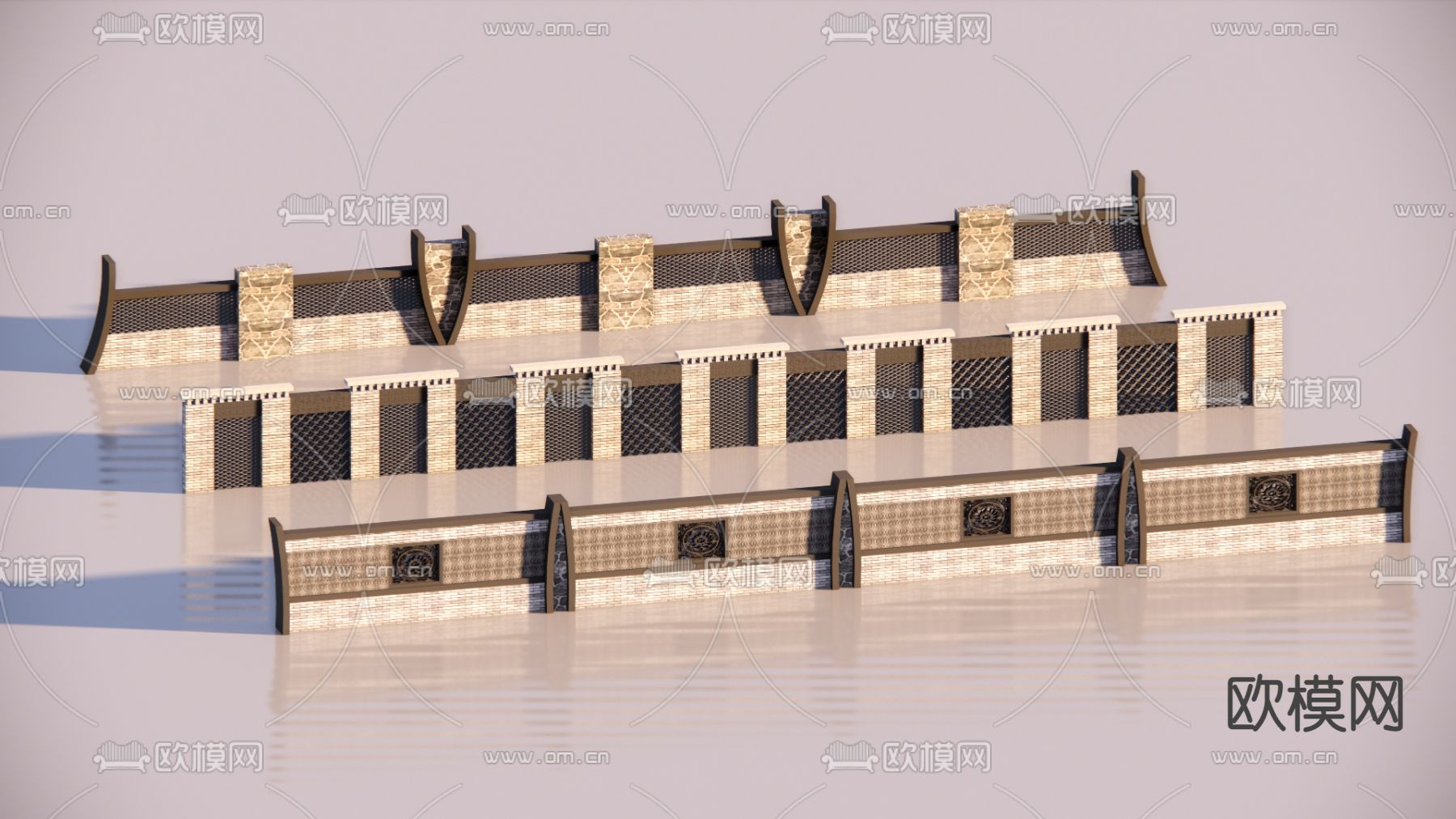 中式砖石围墙su模型下载（渲染图1）