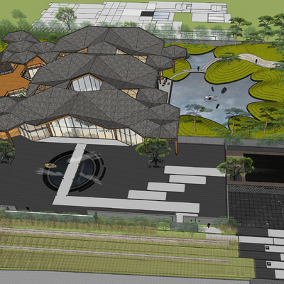  新中式售楼处鸟瞰su模型 