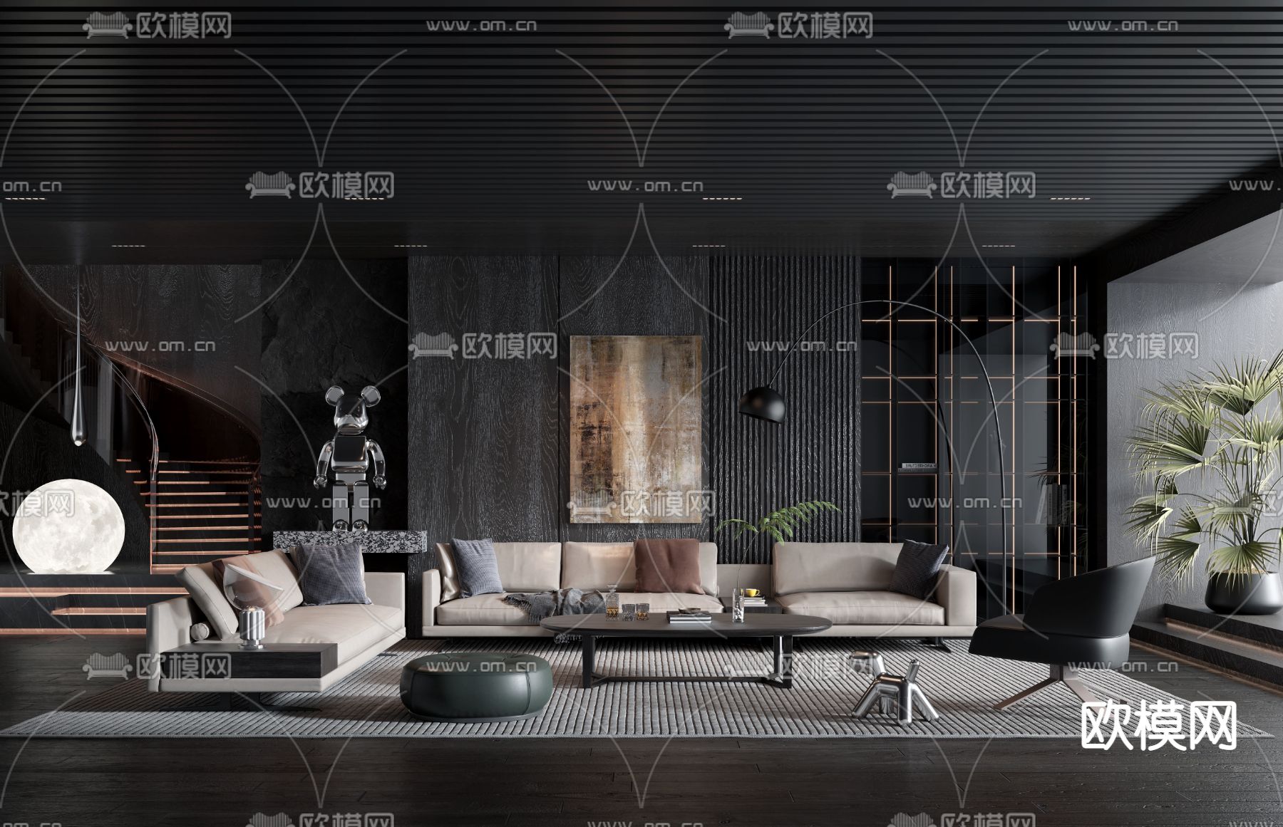 现代暗黑风客厅su模型下载（渲染图1）