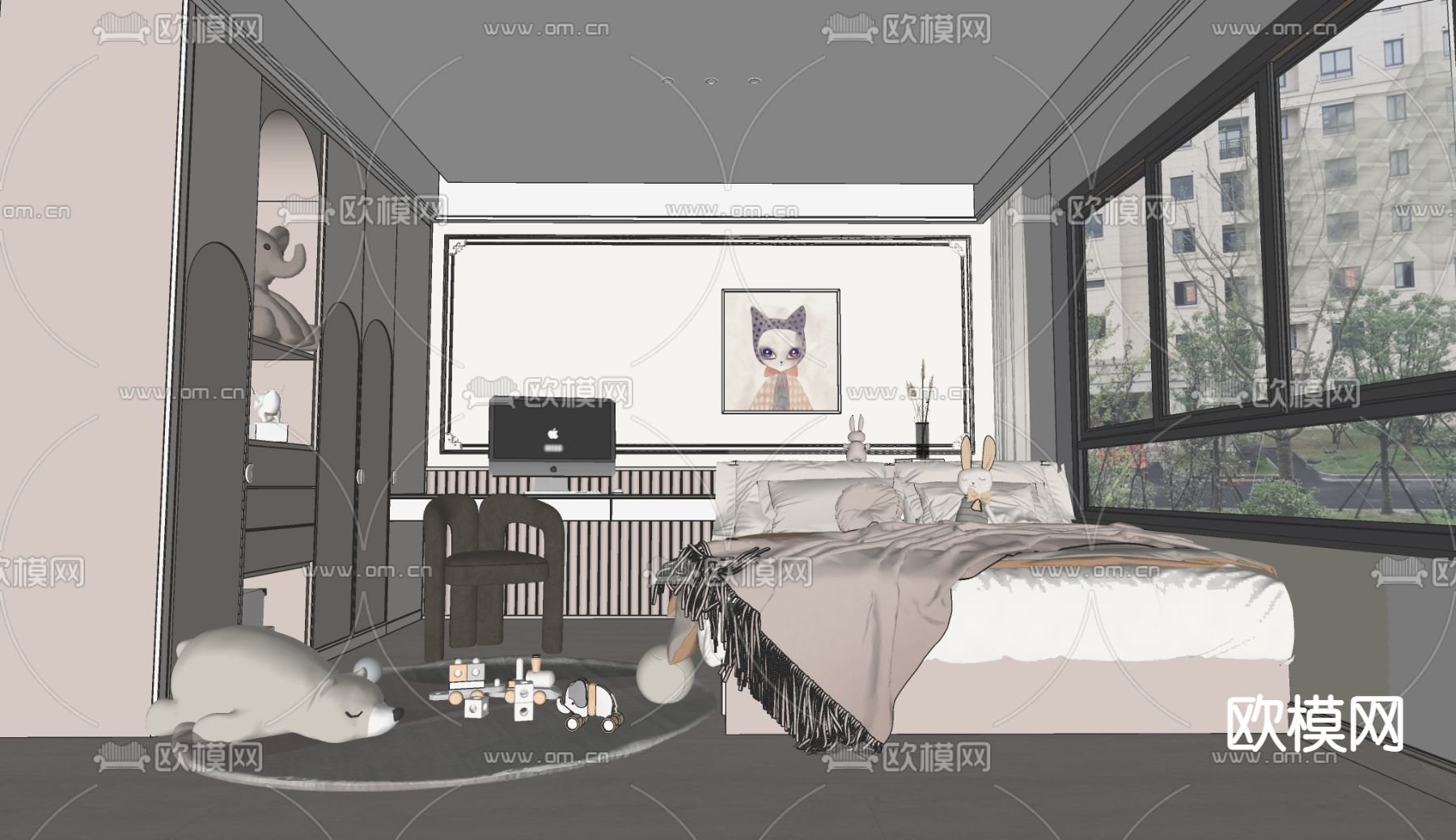 简欧卧室主人房su模型下载（渲染图2）