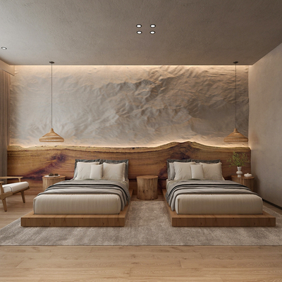  侘寂风民宿双床客房su模型 