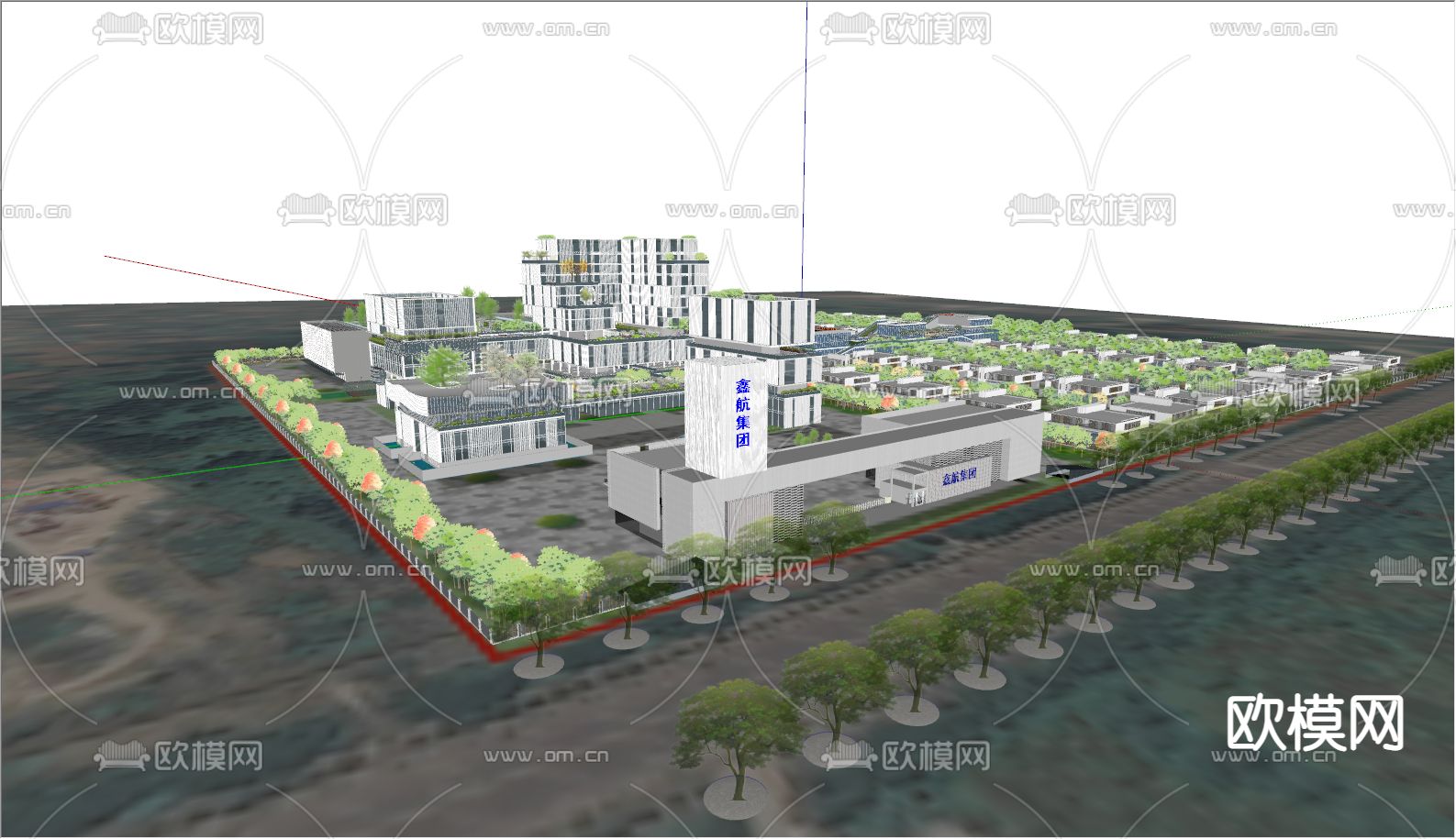 现代集团办公楼外观su模型下载（渲染图1）
