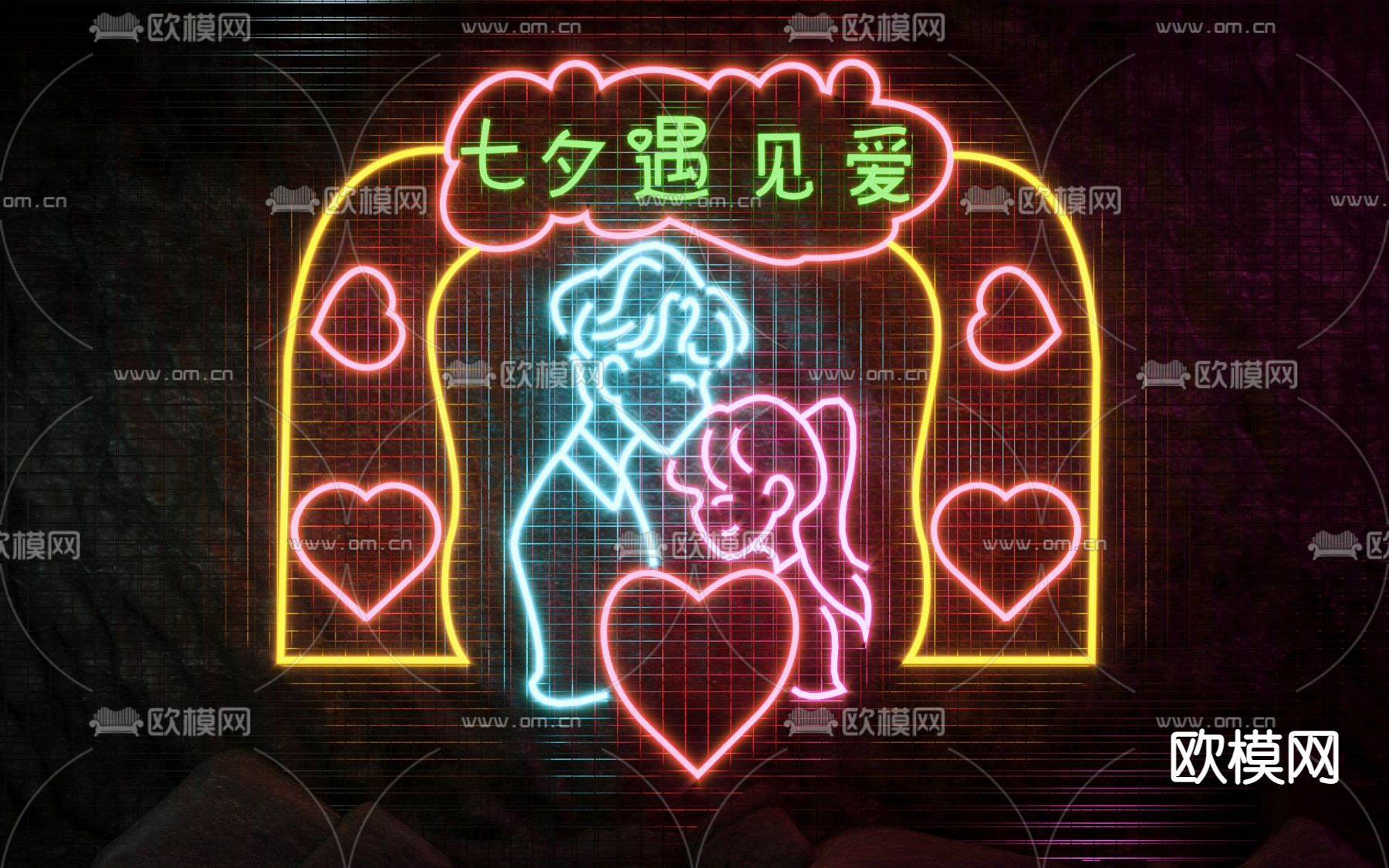 现代七夕主题霓虹灯装饰灯3d模型下载