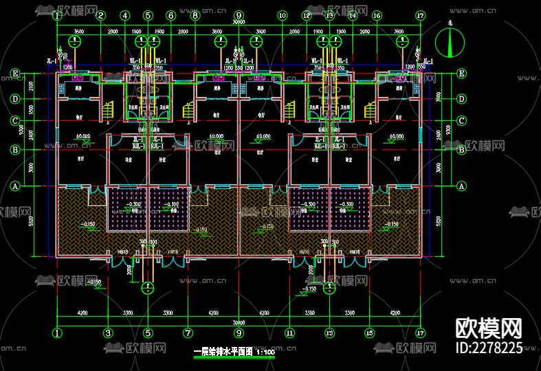 四河乡雪二新村17号楼给排水cad施工图下载（渲染图3）