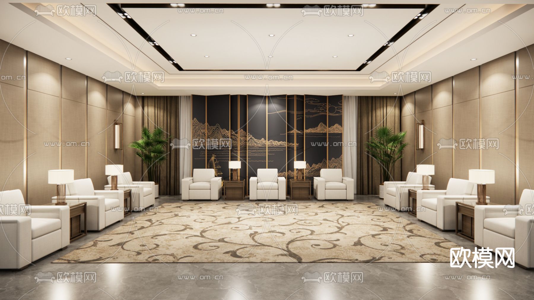 新中式接待室su模型下载（渲染图1）