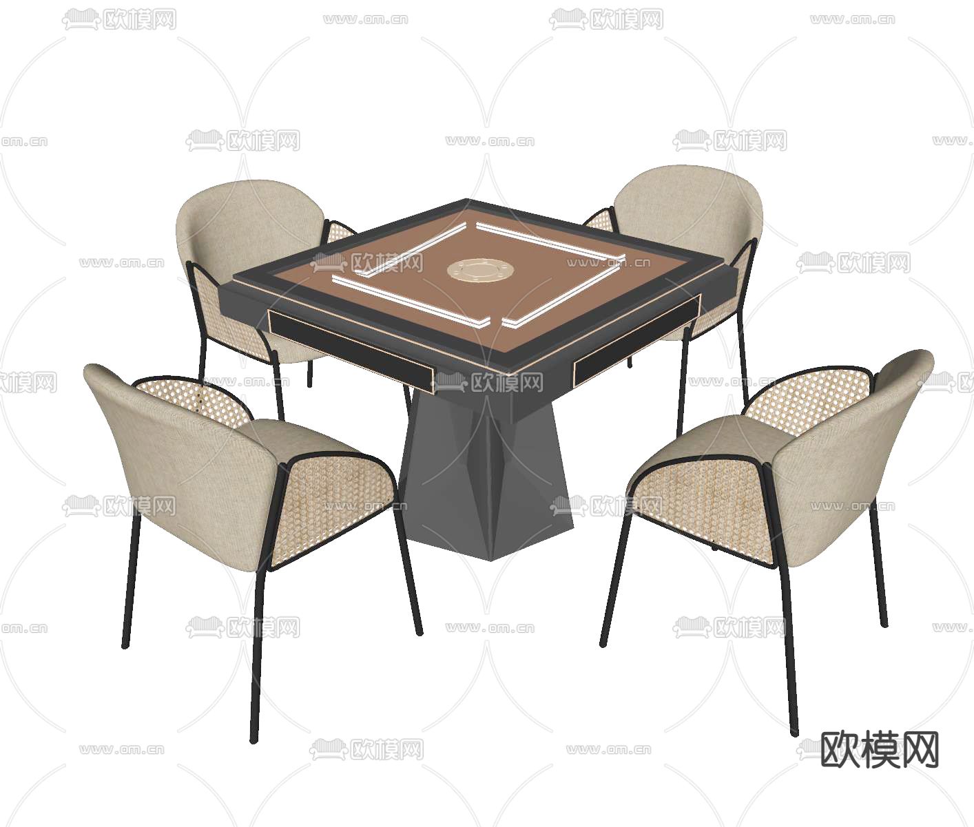 现代藤编麻将桌椅su模型下载（渲染图2）