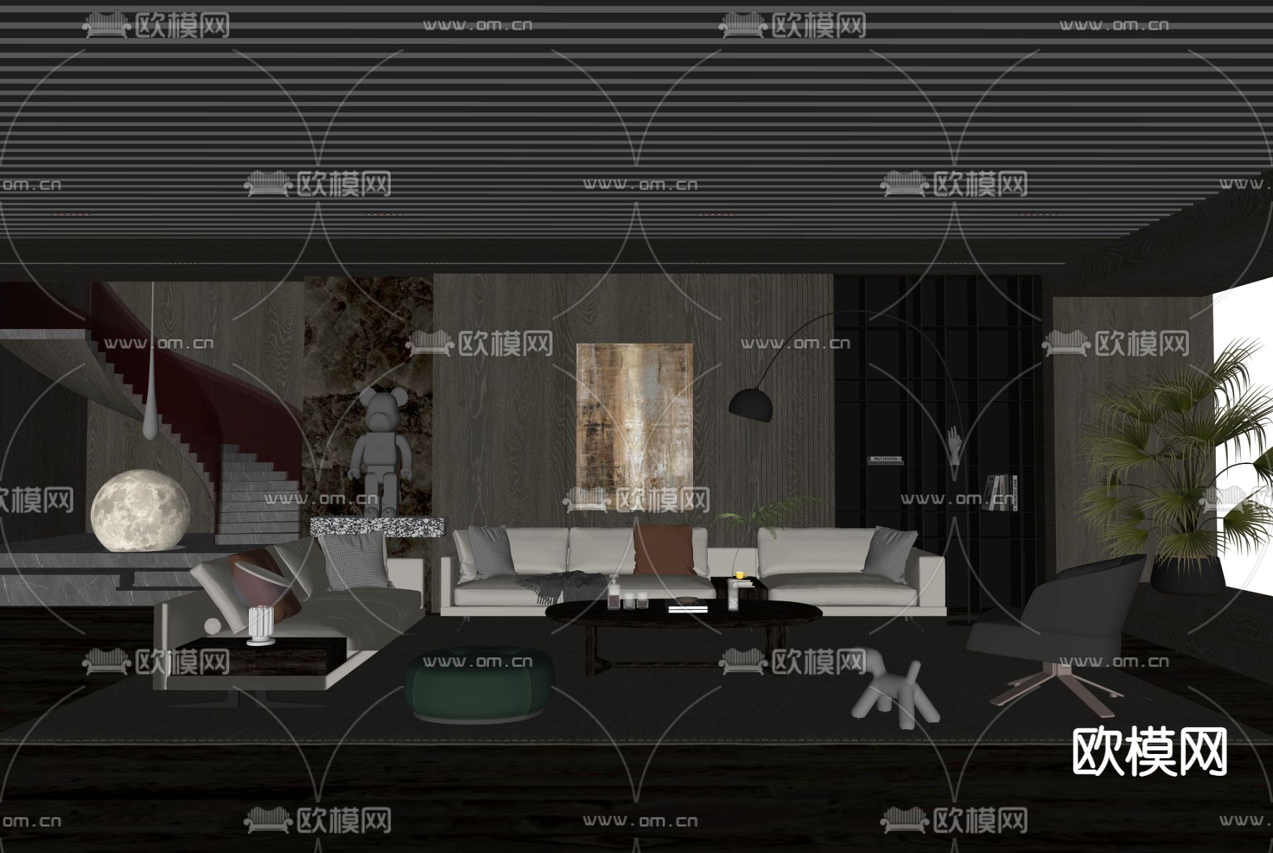 现代暗黑风客厅su模型下载（渲染图2）