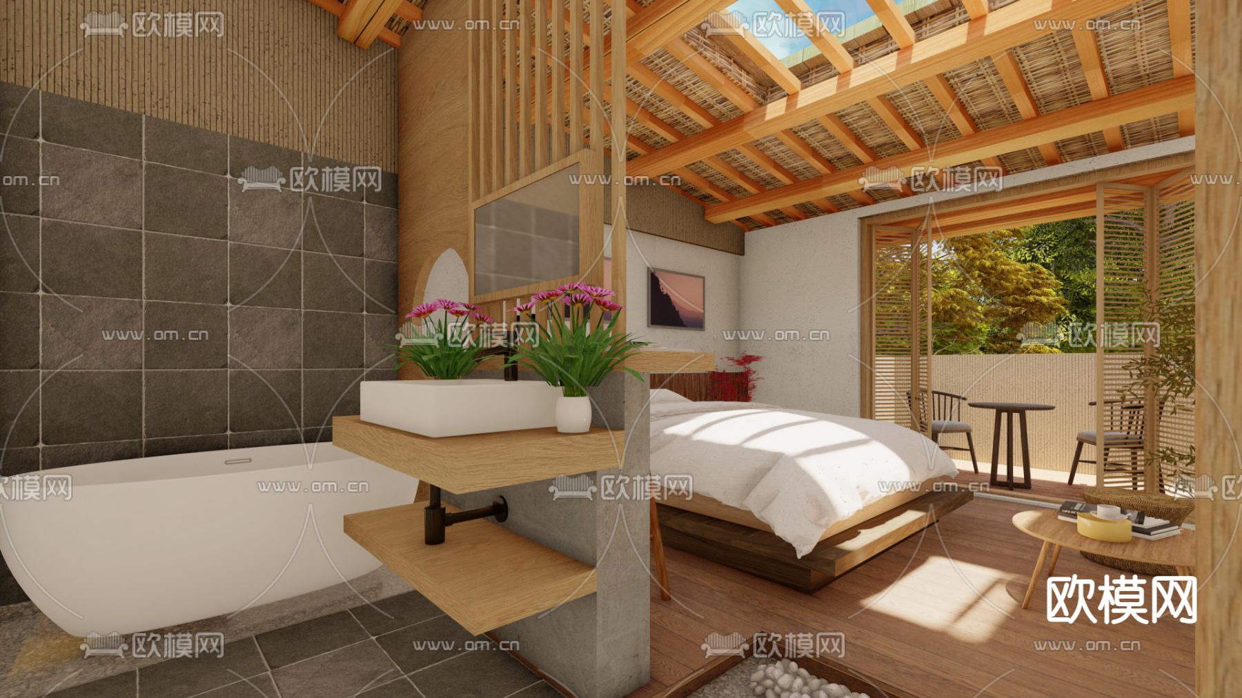 自然风民宿客房su模型下载（渲染图2）
