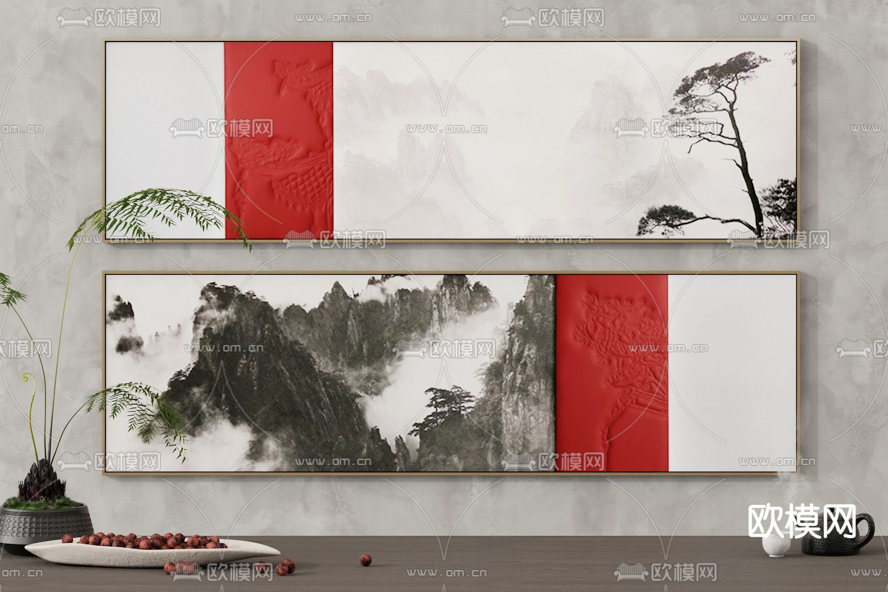 新中式装饰画挂画su模型下载（渲染图1）