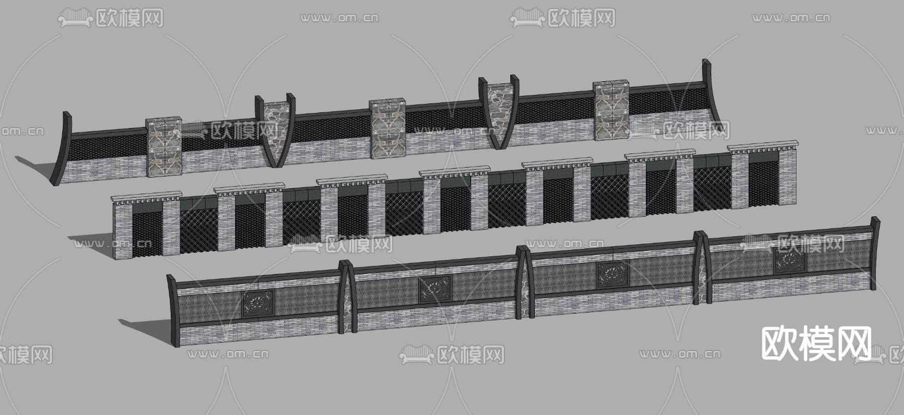 中式砖石围墙su模型下载（渲染图2）