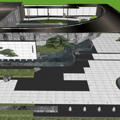  新中式售楼处鸟瞰su模型 