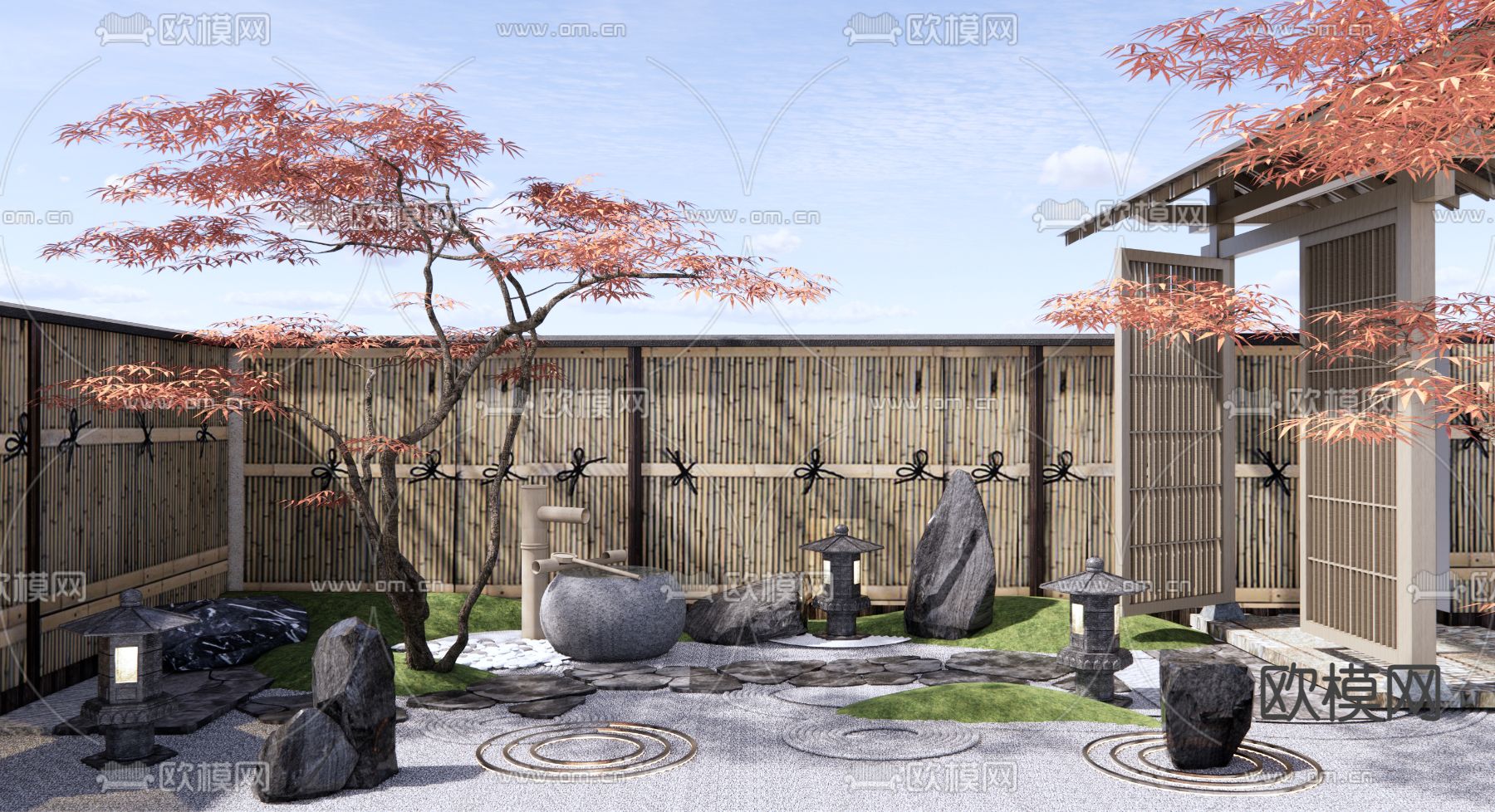 日式枯山水庭院景观su模型下载（渲染图1）