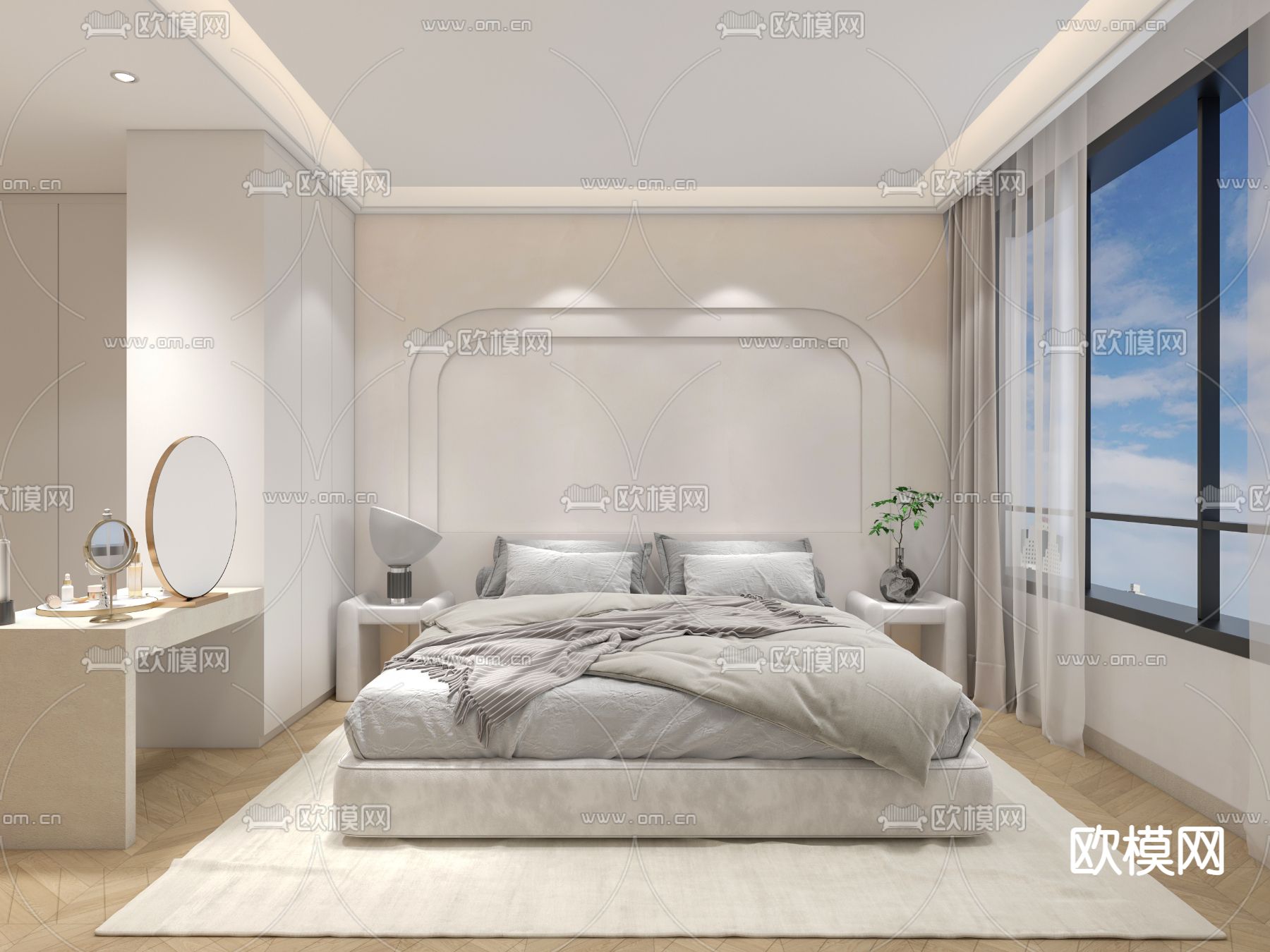 现代客厅餐厅主卧免费3d模型下载（渲染图2）