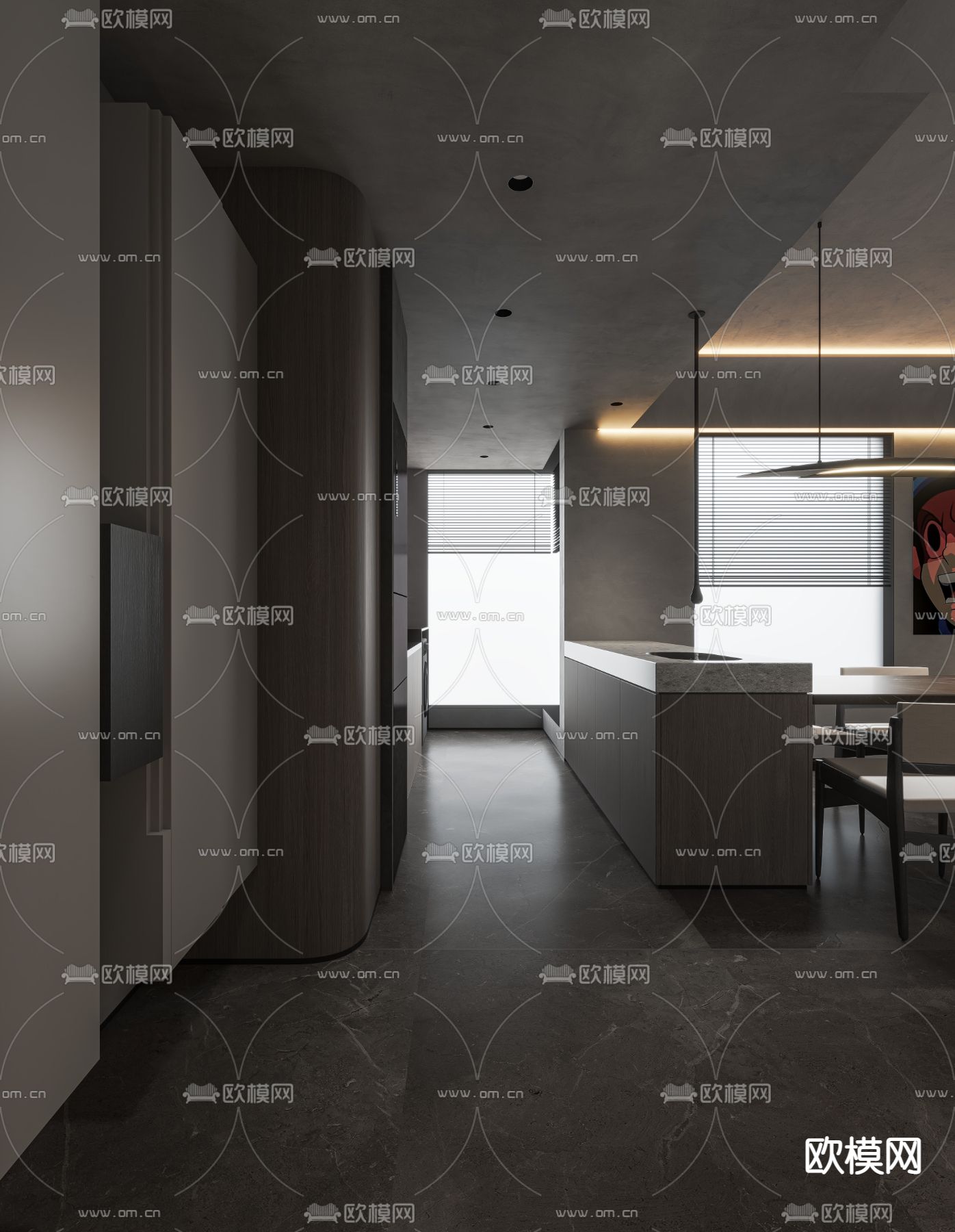 现代高级灰客厅餐厅3d模型下载（渲染图3）