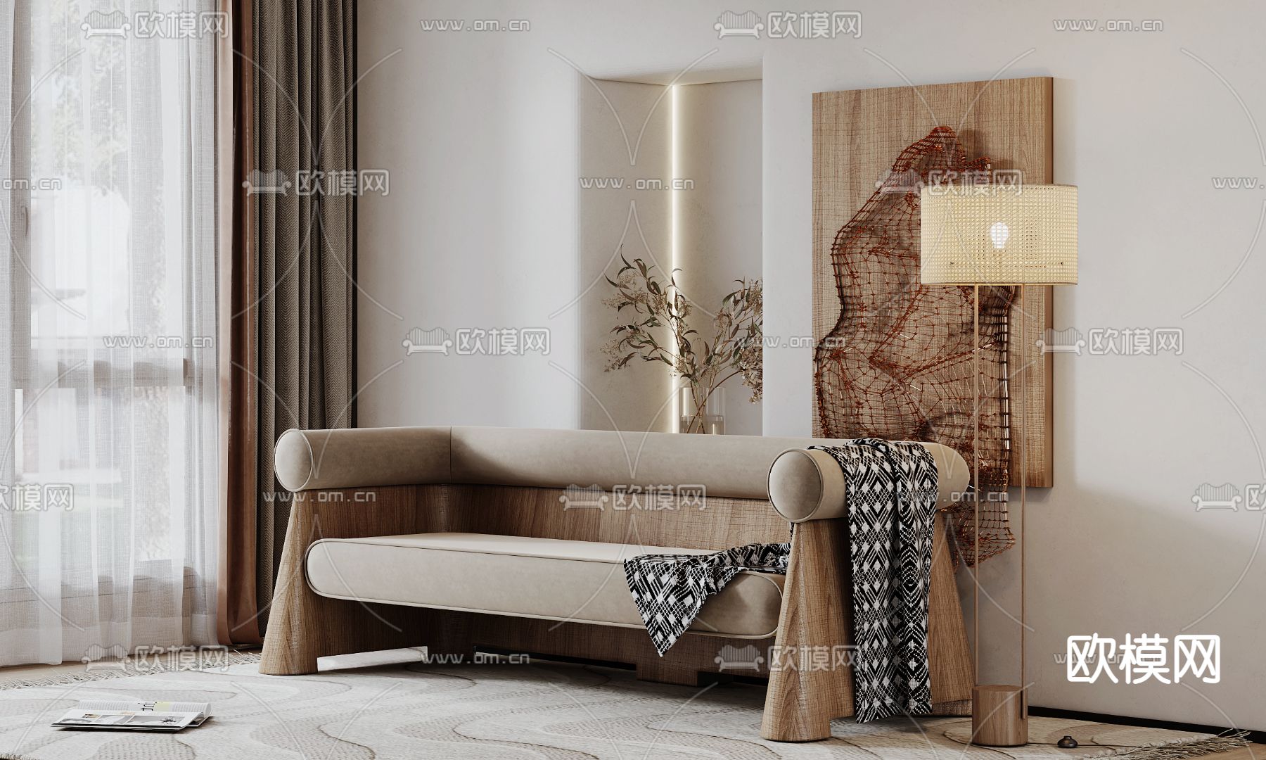侘寂双人沙发3d模型下载（渲染图1）