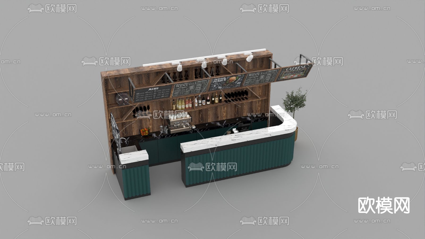 美式复古实木大理石吧台酒柜免费3d模型下载