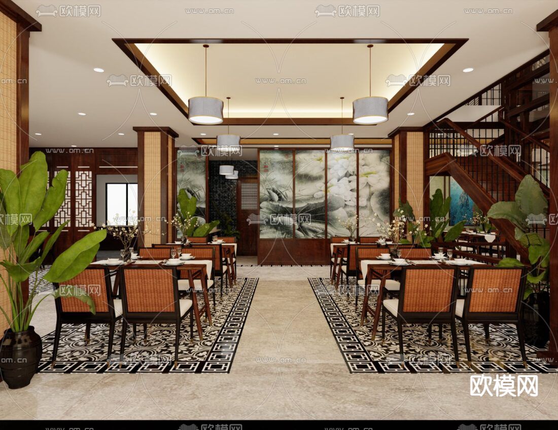 新中式古典禅意餐厅免费3d模型下载（渲染图1）