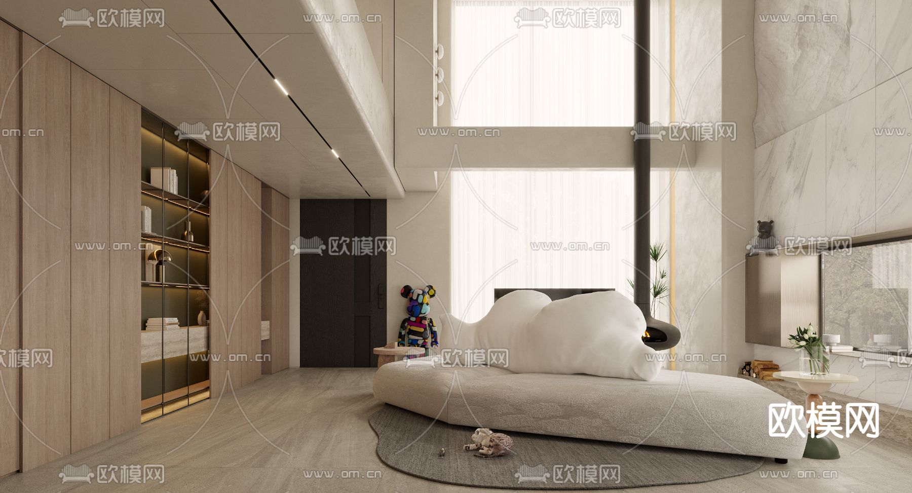 现代奶油风挑空别墅客厅 餐厅3d模型
