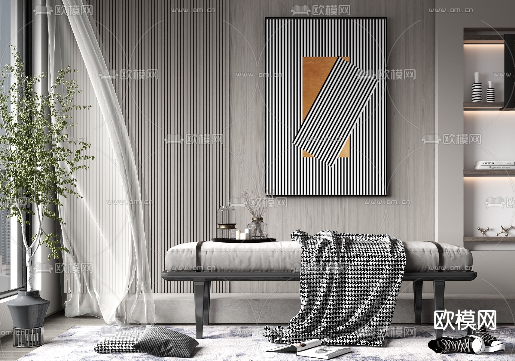 现代轻奢沙发凳床尾凳摆设组合su模型下载（渲染图1）