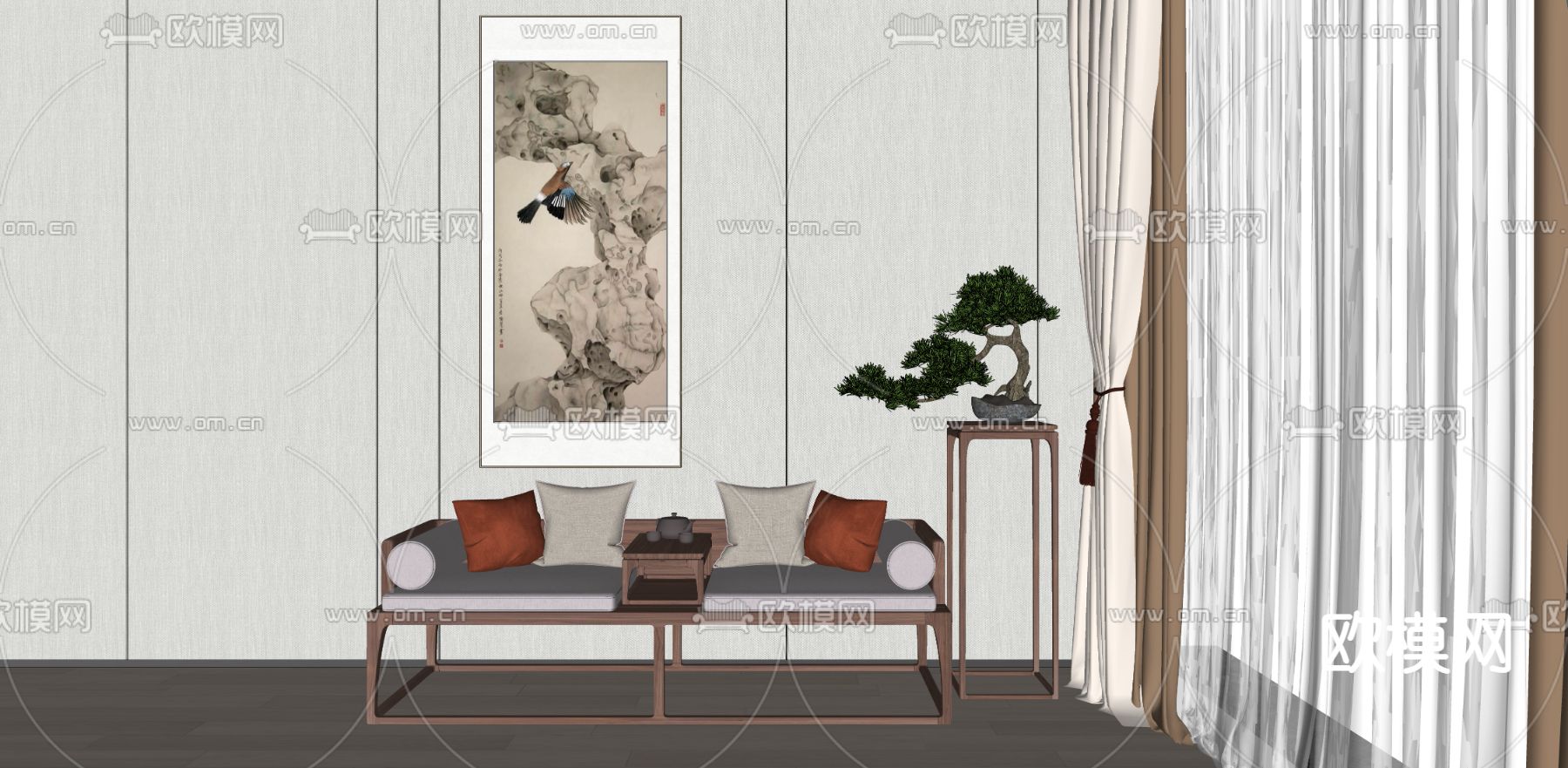 新中式罗汉床su模型下载（渲染图2）