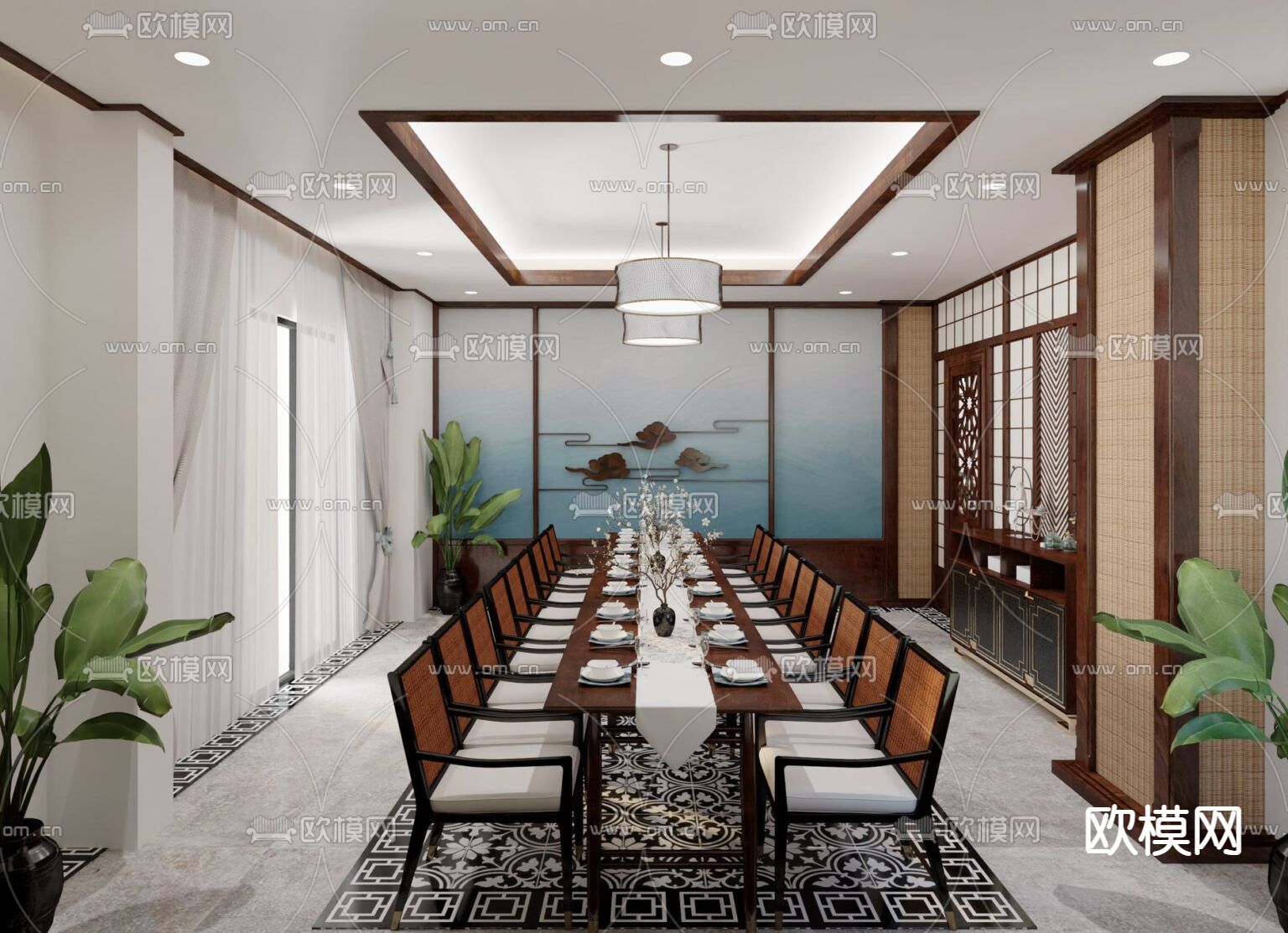 新中式古典禅意餐厅免费3d模型下载（渲染图4）